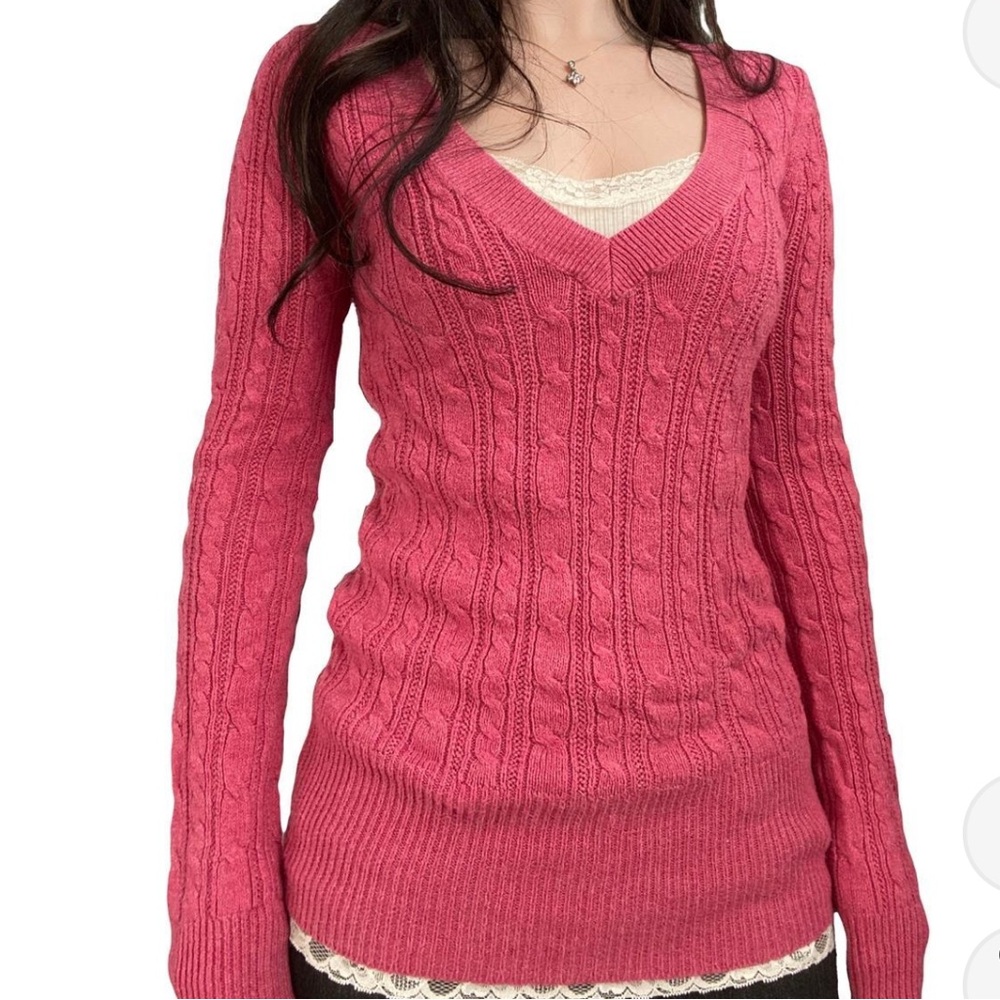 Vintage American Eagle Outfitters Cute Pink Low V Neck Knit Sweater